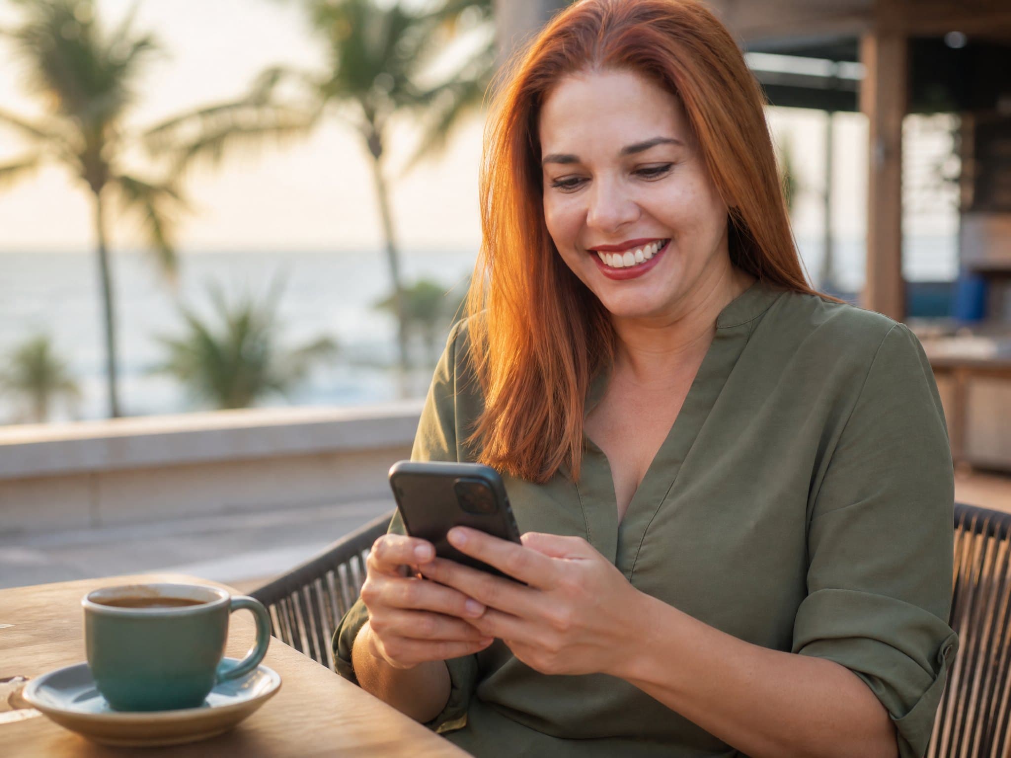Chrys respondendo mensagens no WhatsApp, na varanda de uma casa no litoral