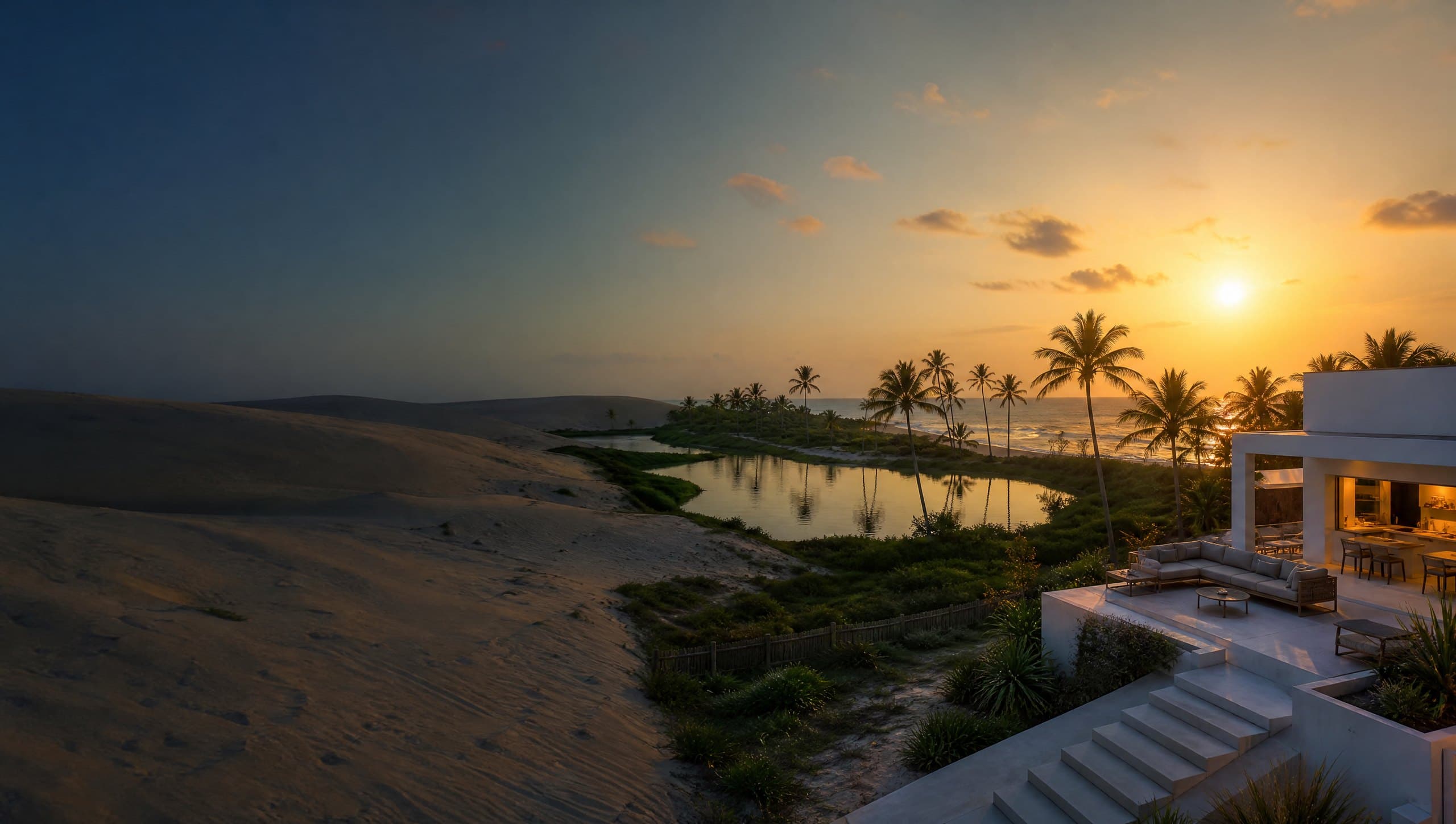Litoral de Caucaia ao entardecer: dunas, lagoa, coqueiros e o mar, com uma casa contemporânea iluminada