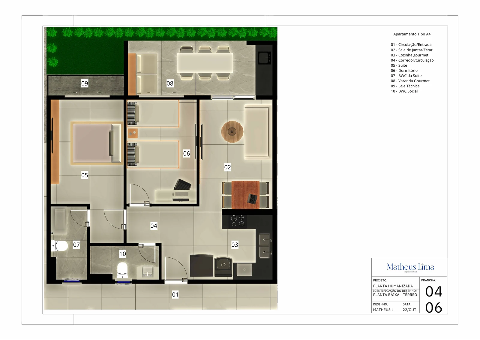 Planta do apartamento de 65 m² do Makani Beach Residence