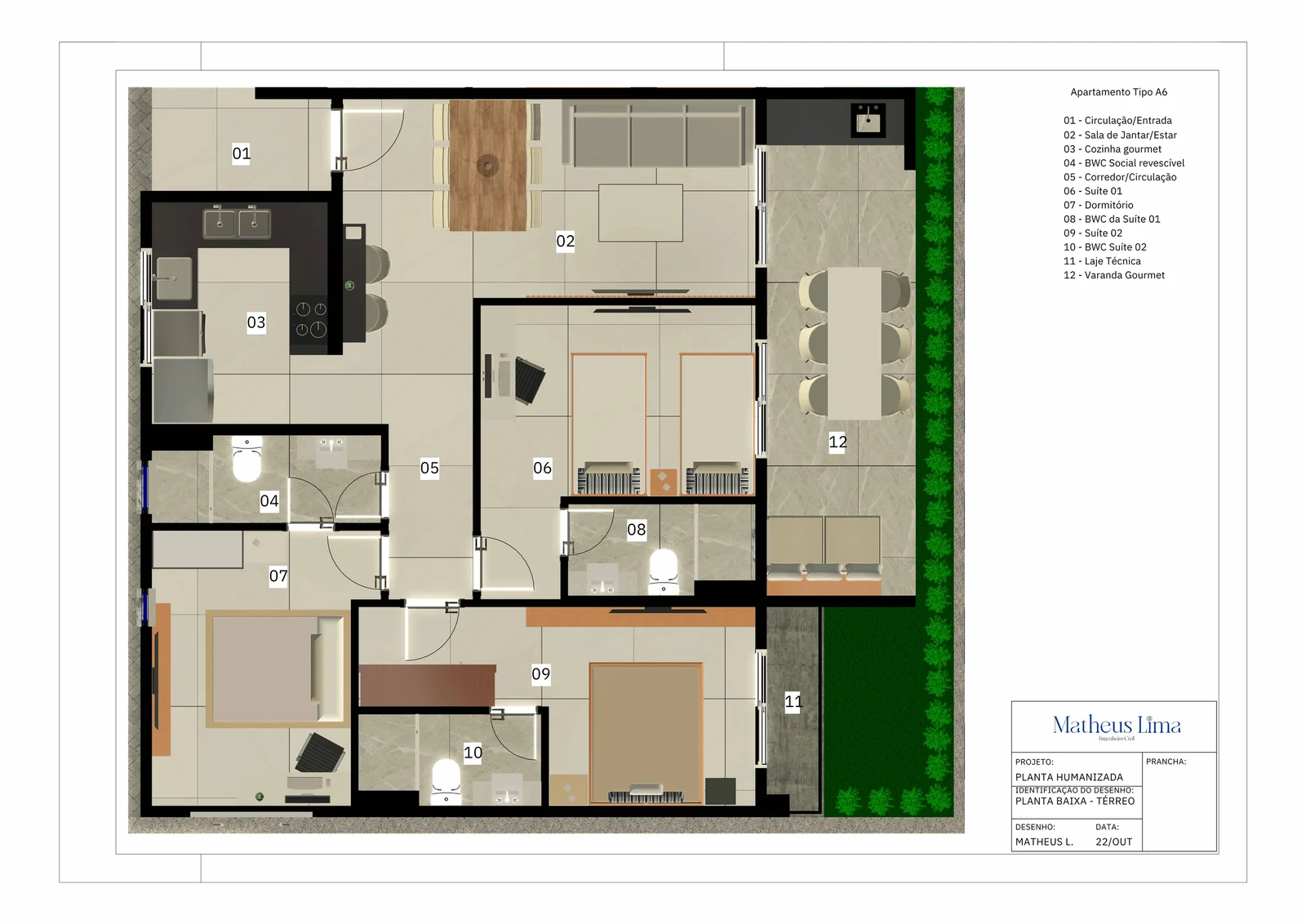 Planta do apartamento de 87 m² do Makani Beach Residence