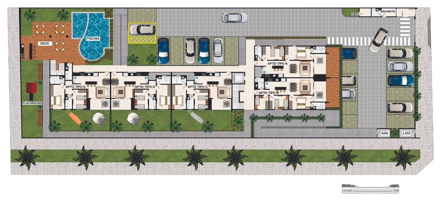 Implantação do pavimento térreo: garagem, piscina, deck, guarita, playground e guarderia